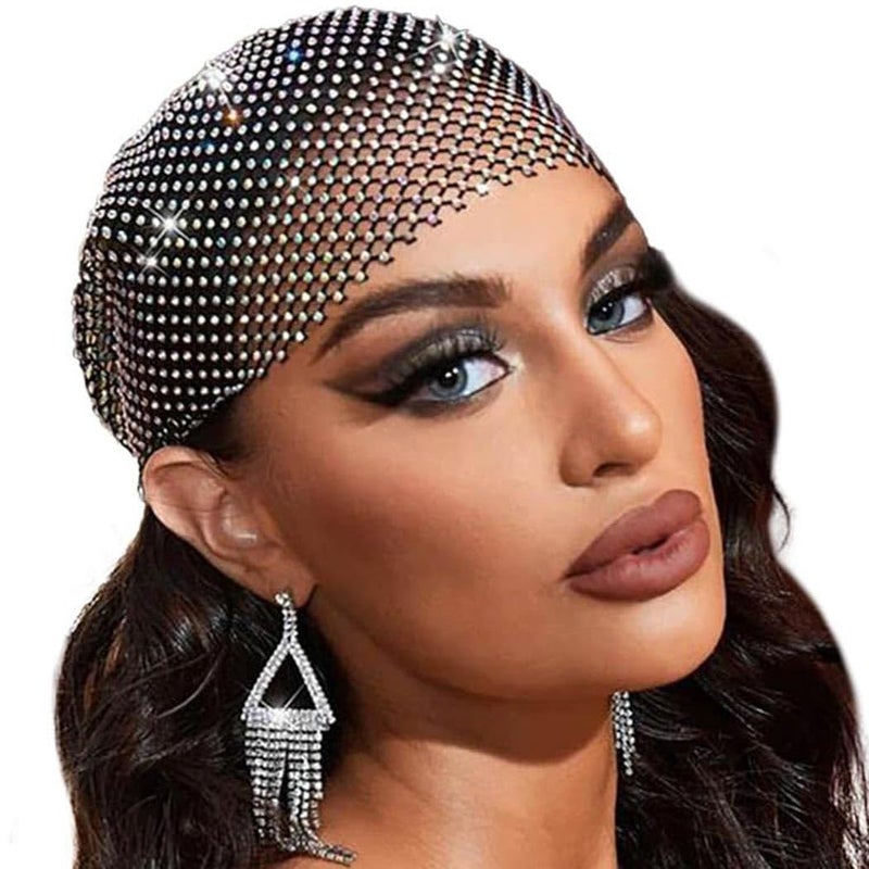EARENT Rhinestone Head Scarf Black Rave Headbands Jewelry Bling Turban for Women - Image 1